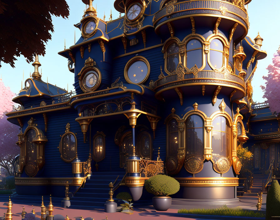 Victorian-style house with clocks in whimsical garden at dusk