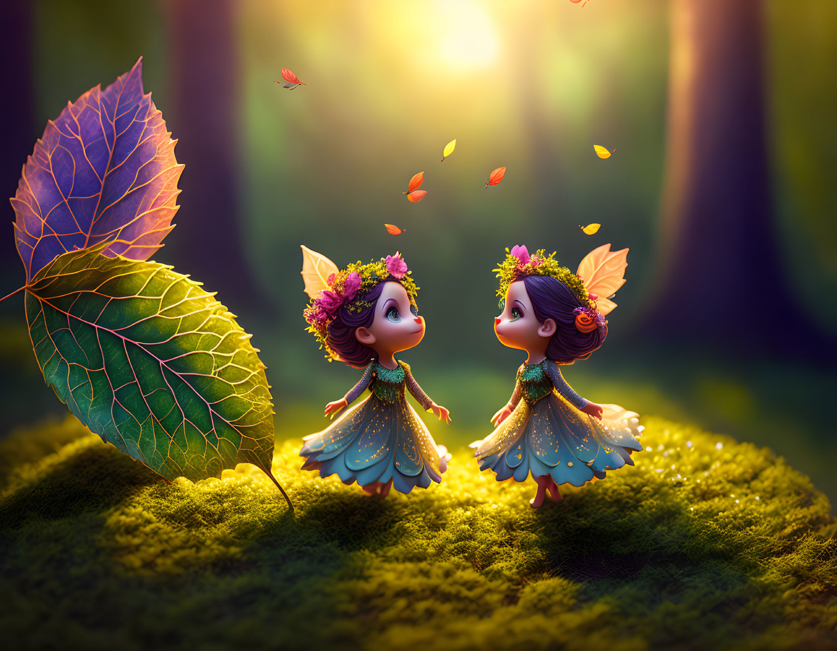 Enchanted forest scene with animated fairies and floating leaves