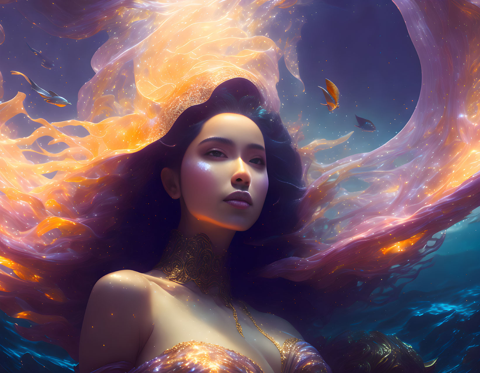 Ethereal woman submerged in vibrant orange and gold swirls