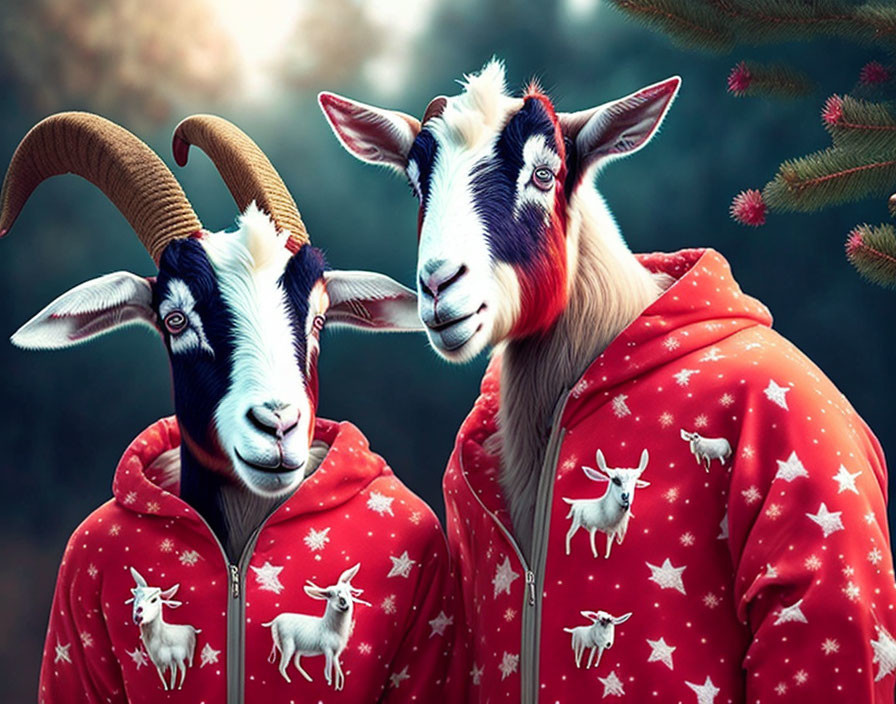 Colorful-faced goats in matching red hoodies with star and goat patterns on blurry background.