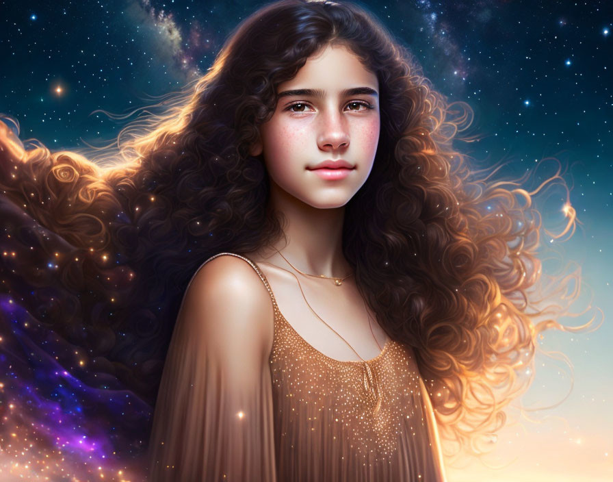 Young girl with curly hair in cosmic starry background