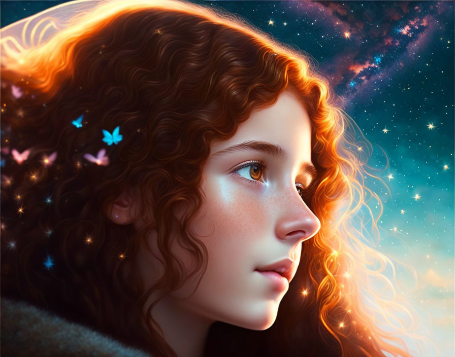 Curly Red-Haired Girl with Contemplative Gaze Under Starry Sky