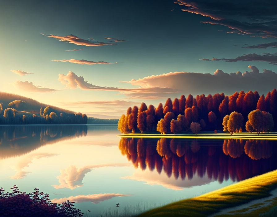 Tranquil lake with autumn trees and sunset sky reflecting vibrant colors.