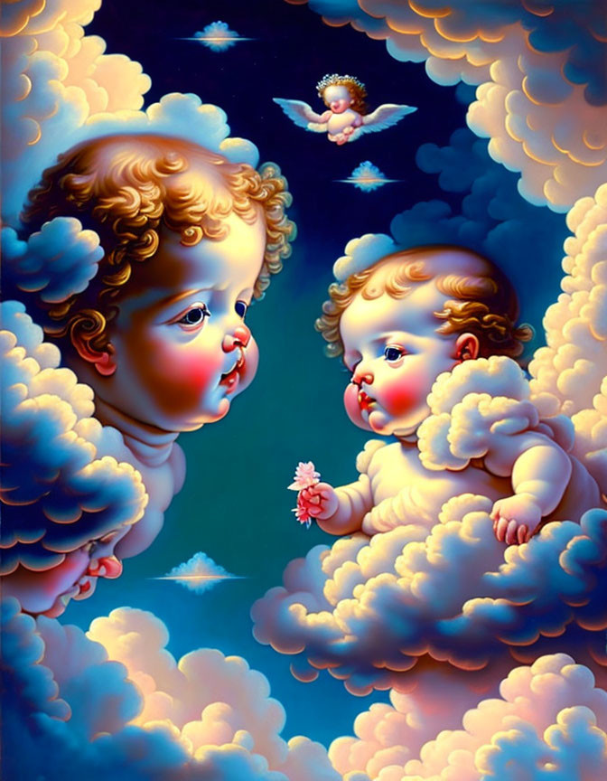 Cherubic figures in clouds with flower exchange and winged figure