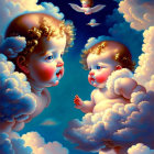 Cherubic figures in clouds with flower exchange and winged figure