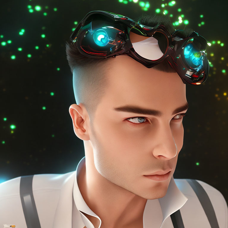 Futuristic digital artwork of a man with slicked-back hair and glowing blue glasses on a dark