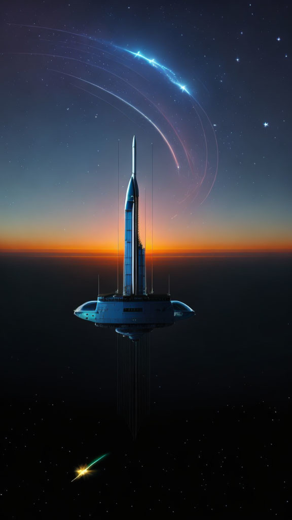 Futuristic spaceship hovering above planet at twilight