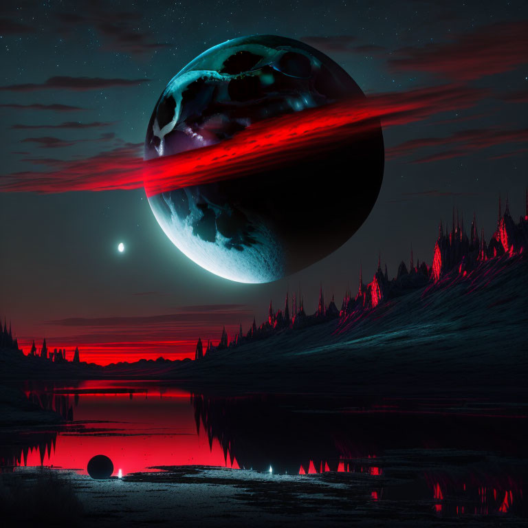 Surreal landscape with oversized planet, crimson-lit lake, and silhouetted pine trees