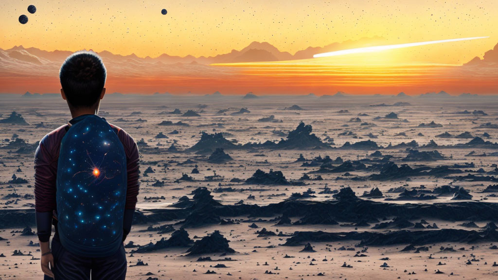 Galaxy print shirt person gazes surreal sunset landscape