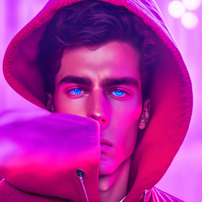 Portrait of a man with blue eyes in red jacket on pink-purple backdrop