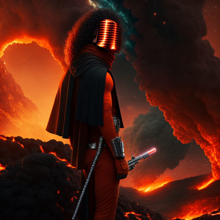 Person in red and black outfit with helmet holding red lightsaber on volcanic terrain with space sky.