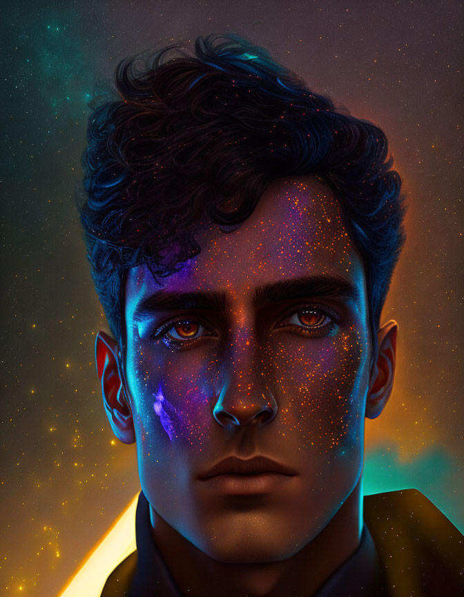 Man's portrait with cosmic patterns on skin in vibrant orange and blue hues