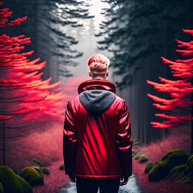 Individual with bun hairstyle in red jacket surrounded by red foliage in forest