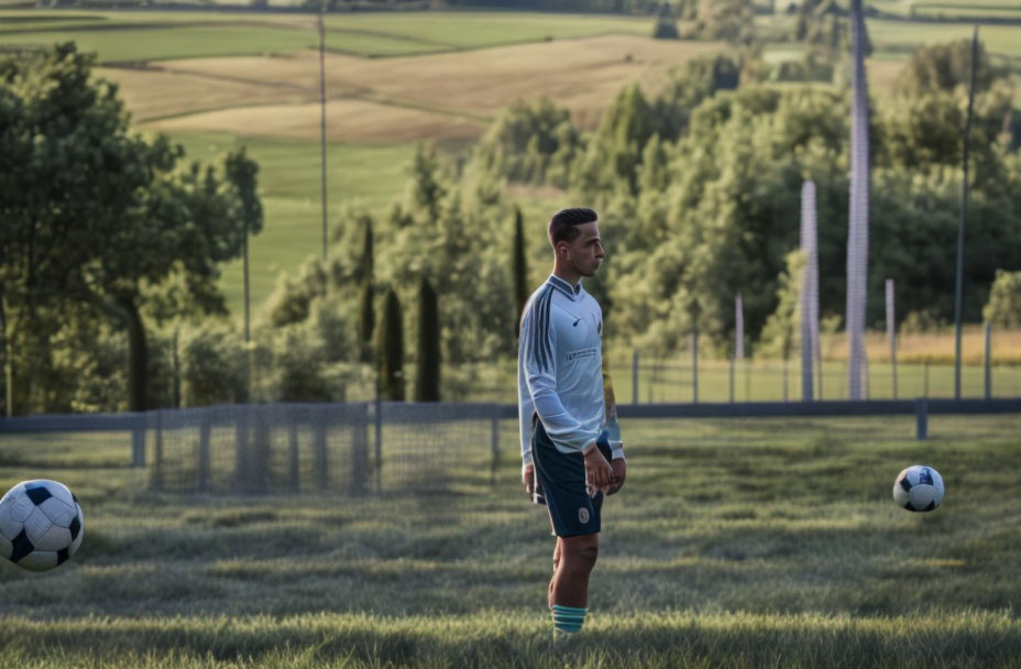 Soccer field scene with person, landscape, and soccer balls.