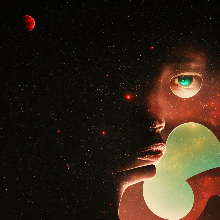 Surreal portrait of woman with cosmic elements: green eye, stars, and red moon