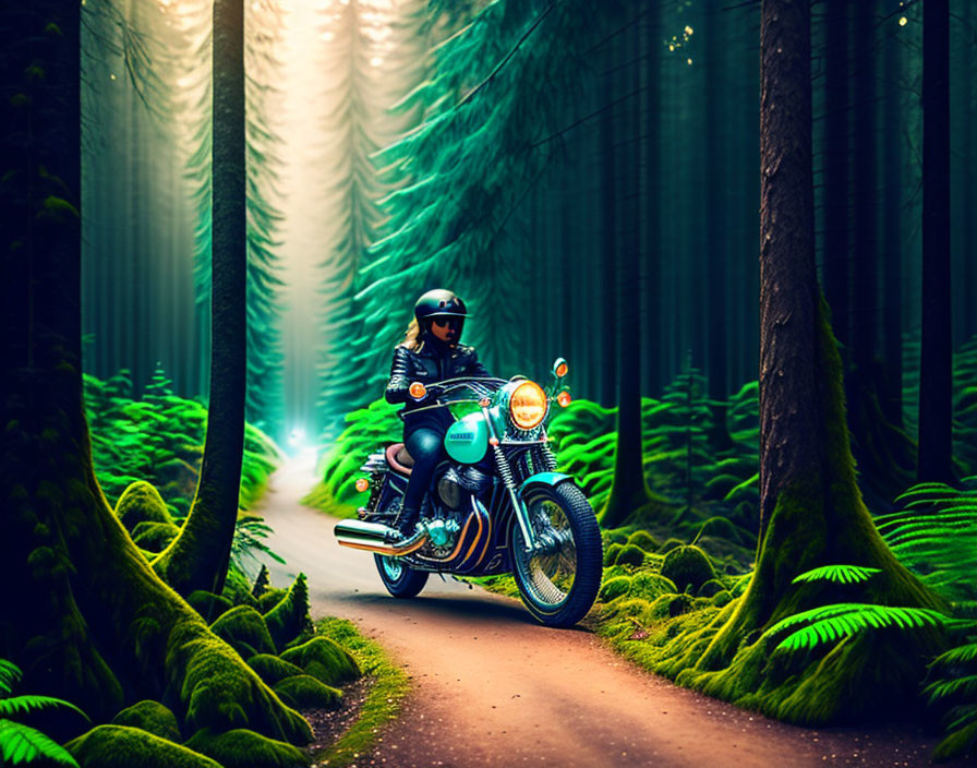 Motorcyclist riding through lush green forest with towering trees and vibrant ferns