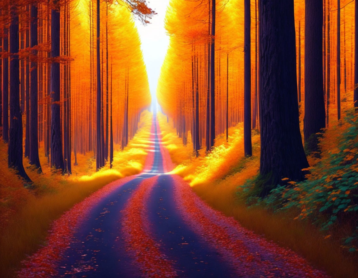 Scenic autumn forest with winding road at sunset