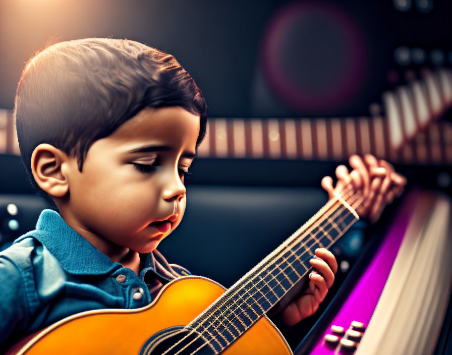 Young boy playing guitar in colorful studio setting