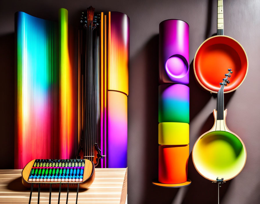 Vibrant abstract art installation with gradient tubes and geometric abacus on wooden surface