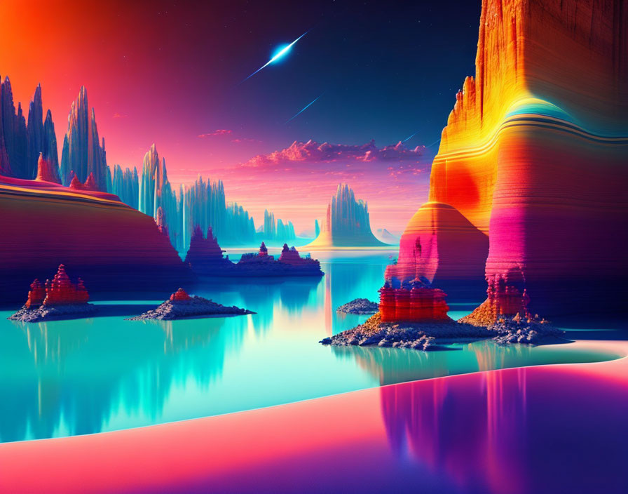 Colorful striated cliffs in surreal landscape with tranquil water and shooting star