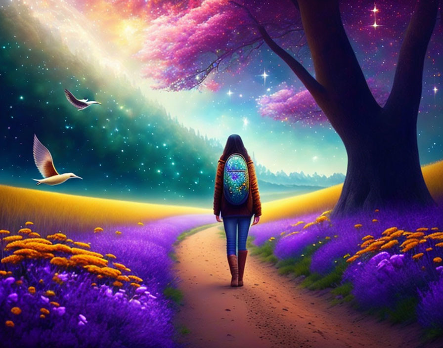 Person walking on magical path surrounded by purple flowers under cosmic sky with radiant tree and flying birds.