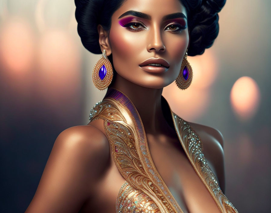 Digital artwork featuring woman with striking makeup, gold jewelry, and shimmering outfit