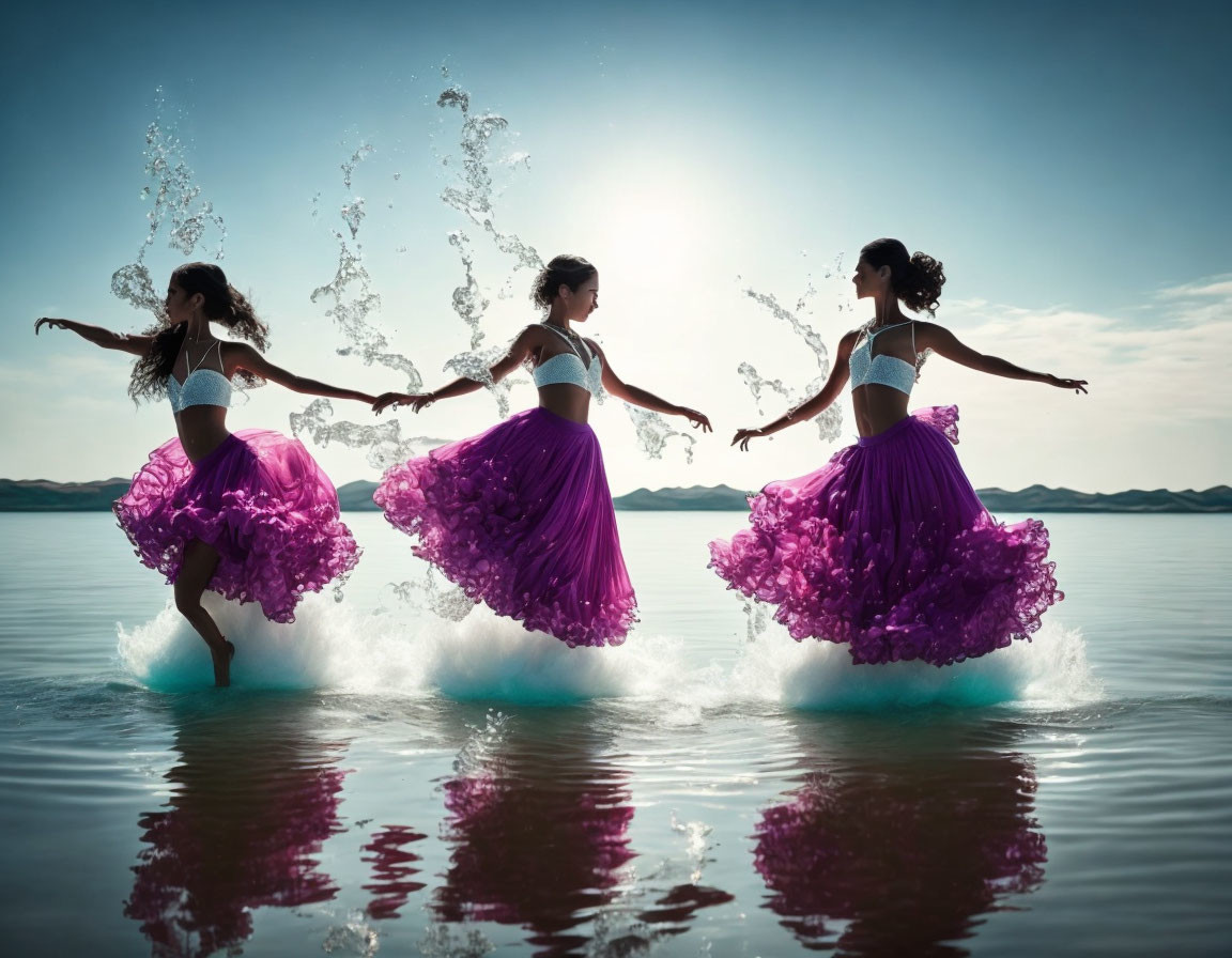 Three Women Dancing in Purple Skirts on Water with Splashes, Blue Sky and Clouds