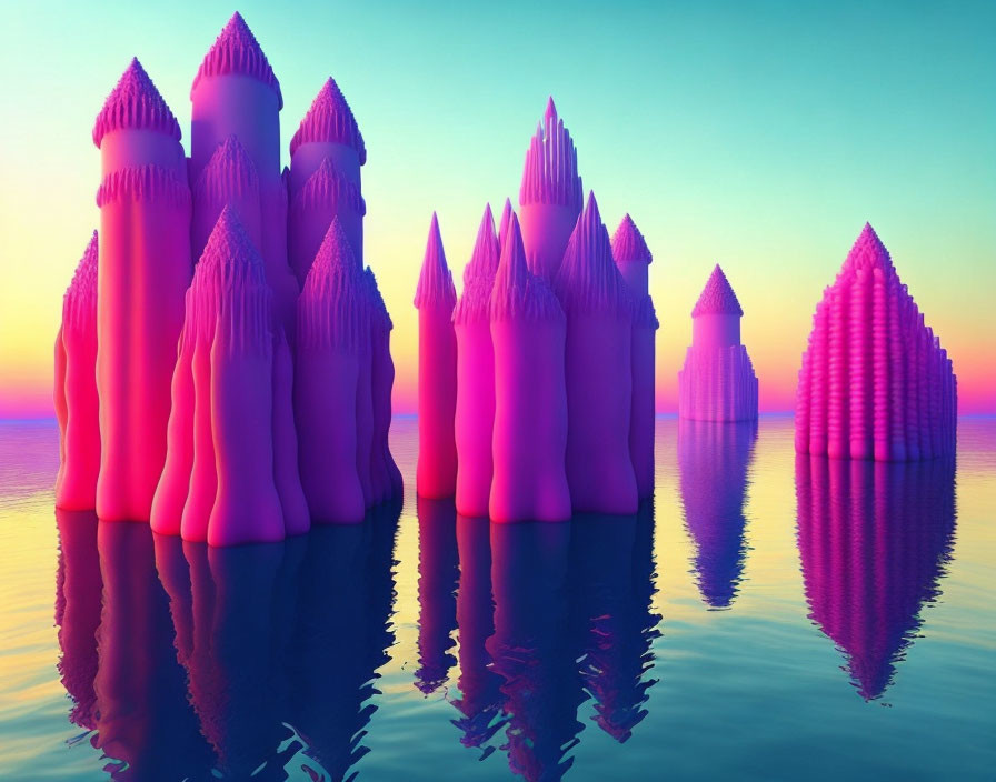 Vibrant pink and purple castle-like structures reflected on tranquil water at sunset