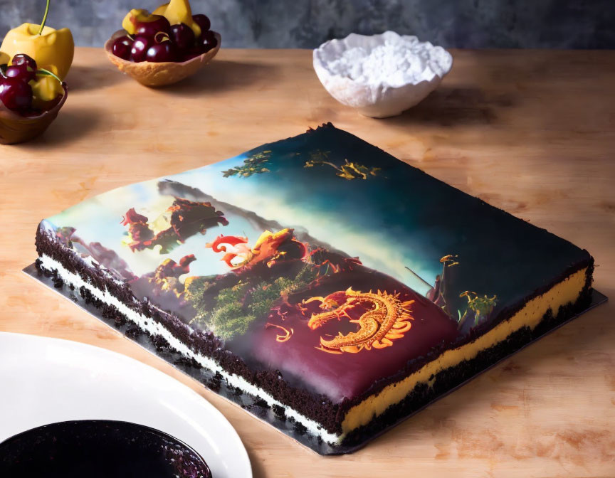 Elaborate fantasy landscape dessert cake with dragons and castles on wooden table