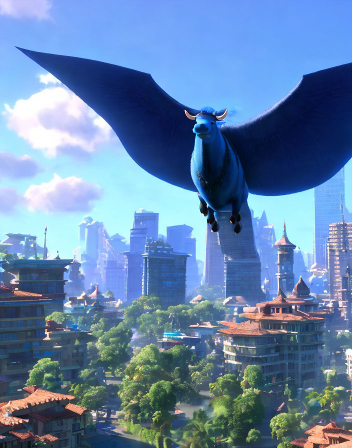 Blue dragon flying over vibrant Asian cityscape under sunny sky