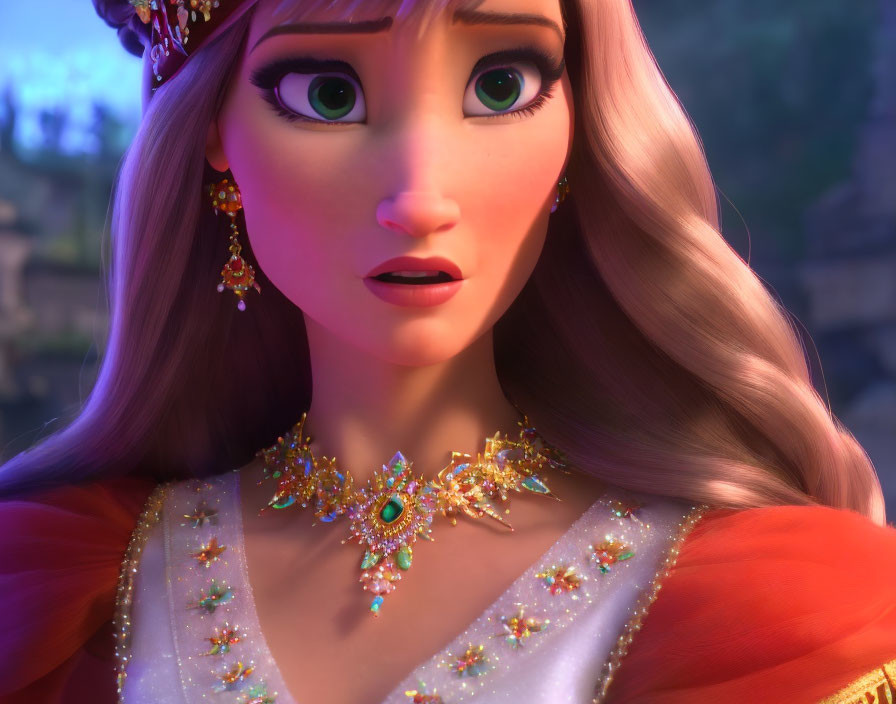 Animated princess with large green eyes in golden tiara and red gown
