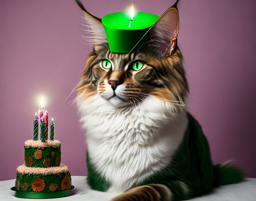 Green-eyed cat in festive hat by birthday cake