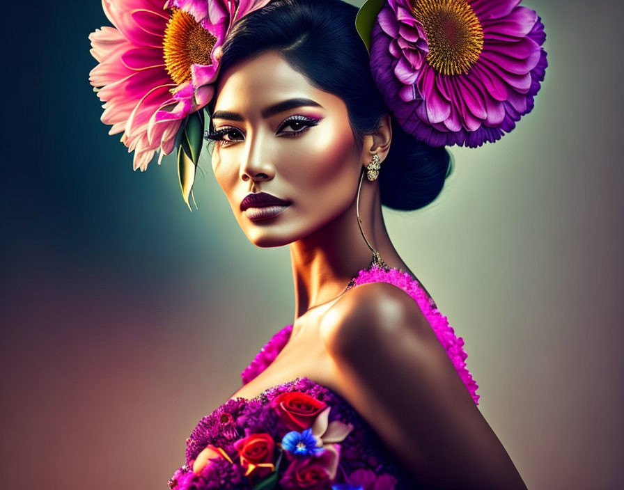 Woman with Striking Makeup and Vibrant Flowers in Hair