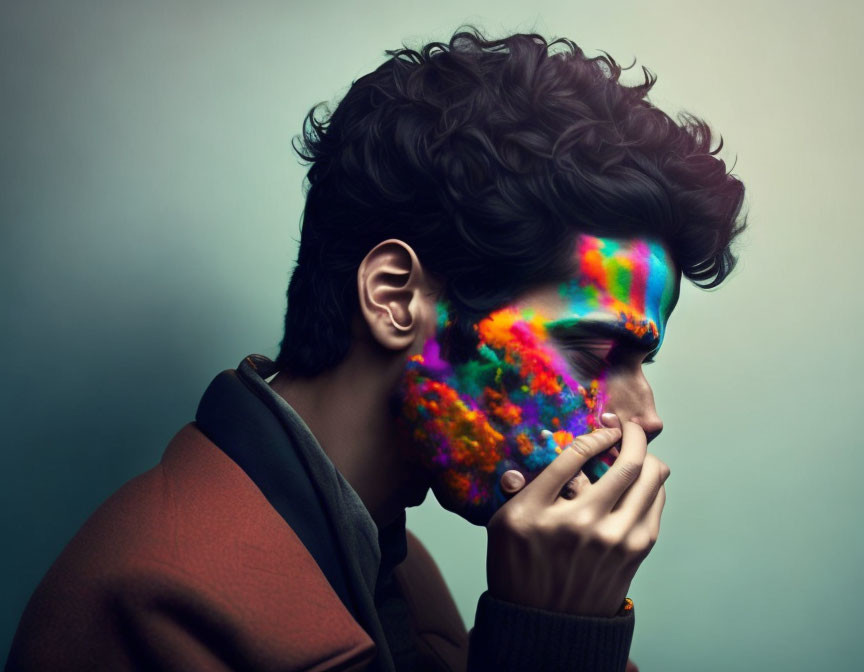 Colorful paint splattered person on cool background