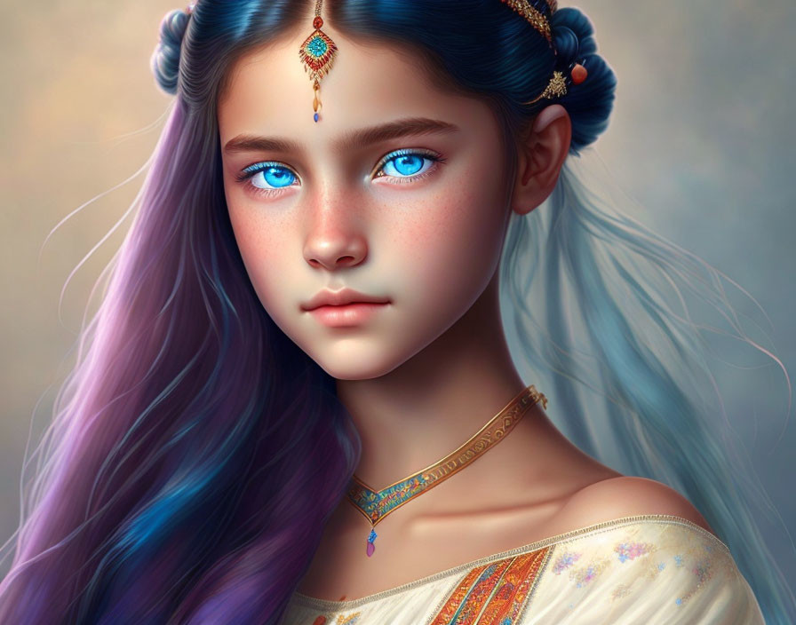 Digital Artwork: Young Girl with Blue Eyes and Ombre Hair