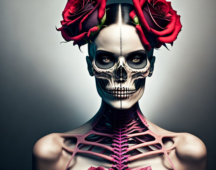 Human with half-skull face, roses, skeletal neck and chest