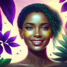 Colorful digital artwork of woman with green hair, butterflies, and purple flowers