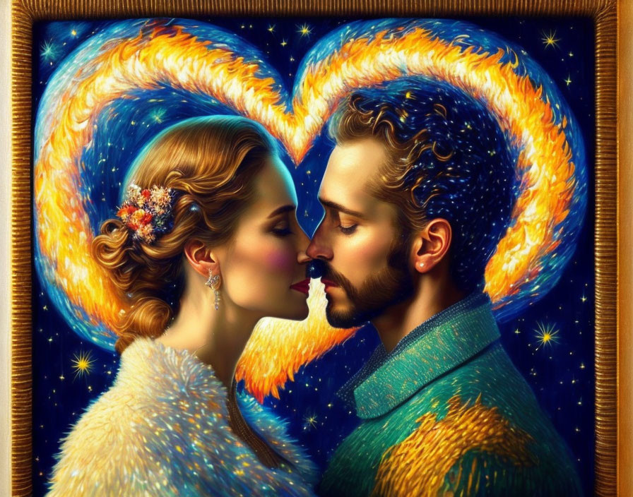 Romantic painting of couple in starry heart aura, Van Gogh-inspired colors.