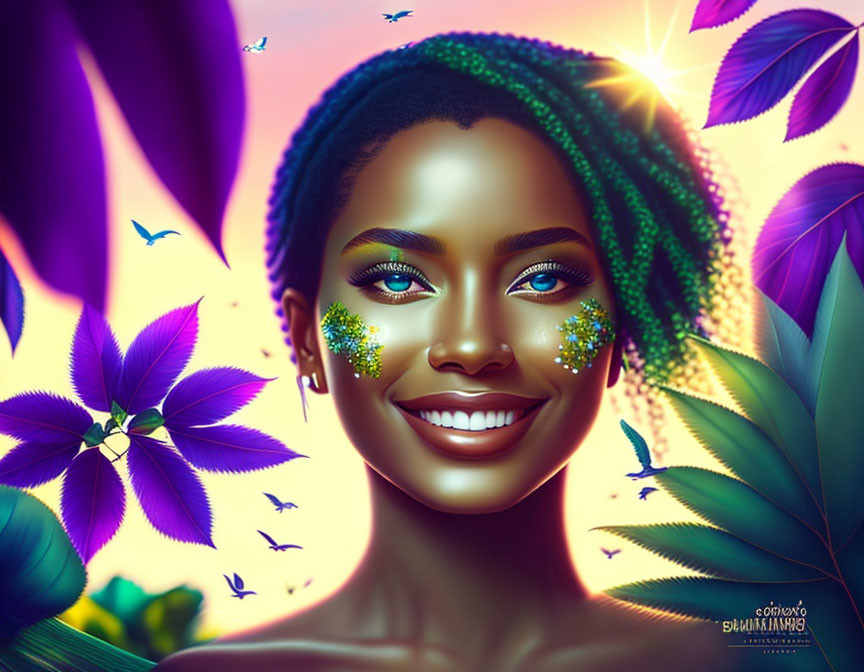 Colorful digital artwork of woman with green hair, butterflies, and purple flowers