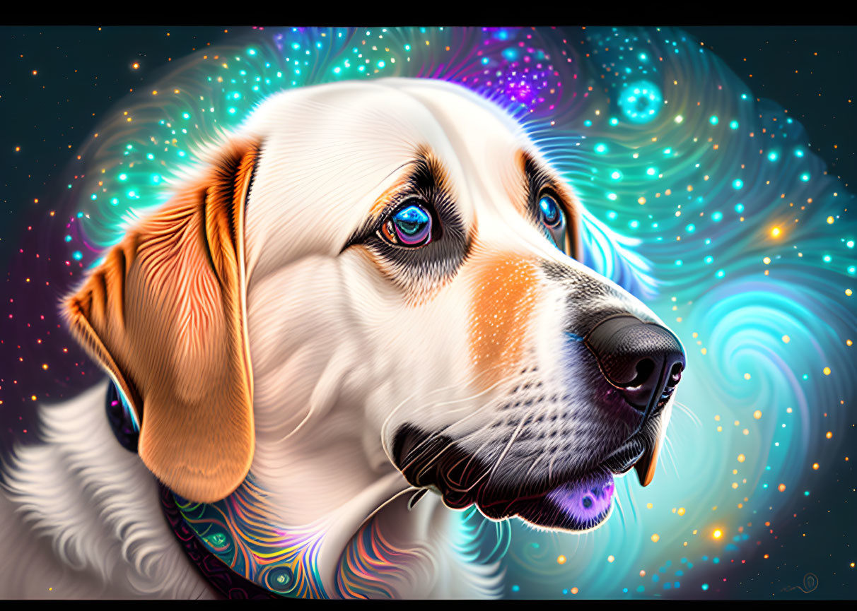 Colorful dog with multicolored eyes on cosmic backdrop.