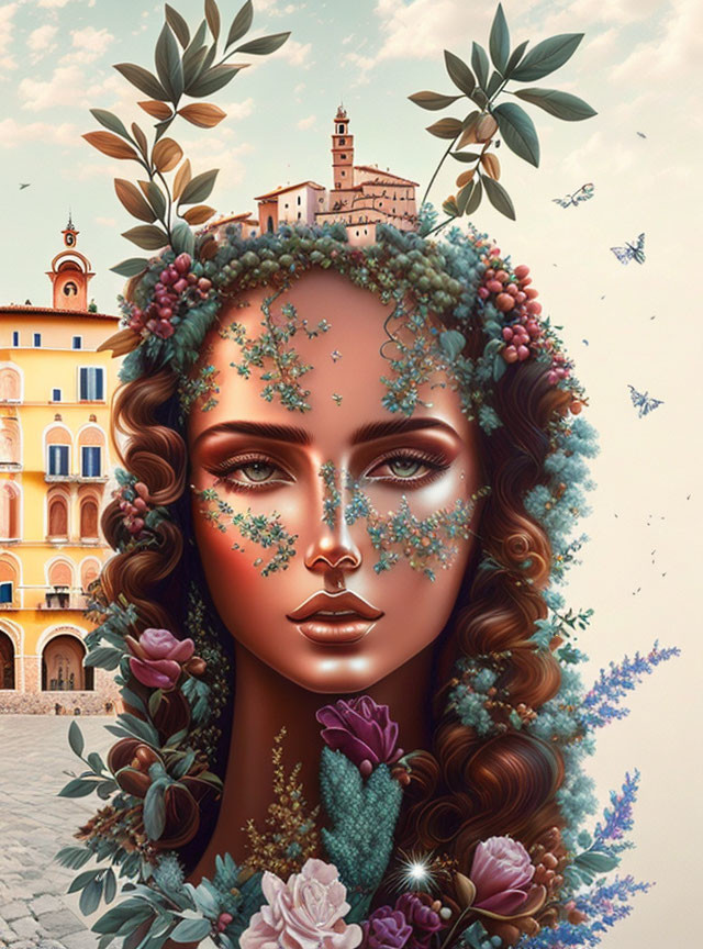 Illustration of woman's face merging with floral motifs against Mediterranean-style building.