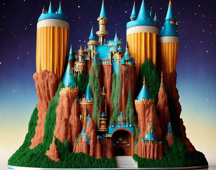 Fantastical castle cake with blue spires on rock formation under starry sky