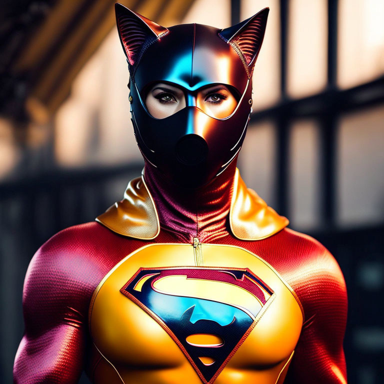 Superhero costume with cat mask and Superman emblem worn by person