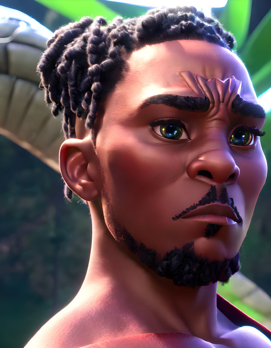 Male character with braided hair, beard, and focused expression in dramatic lighting