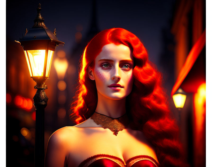 Fiery red-haired woman near lamppost at night