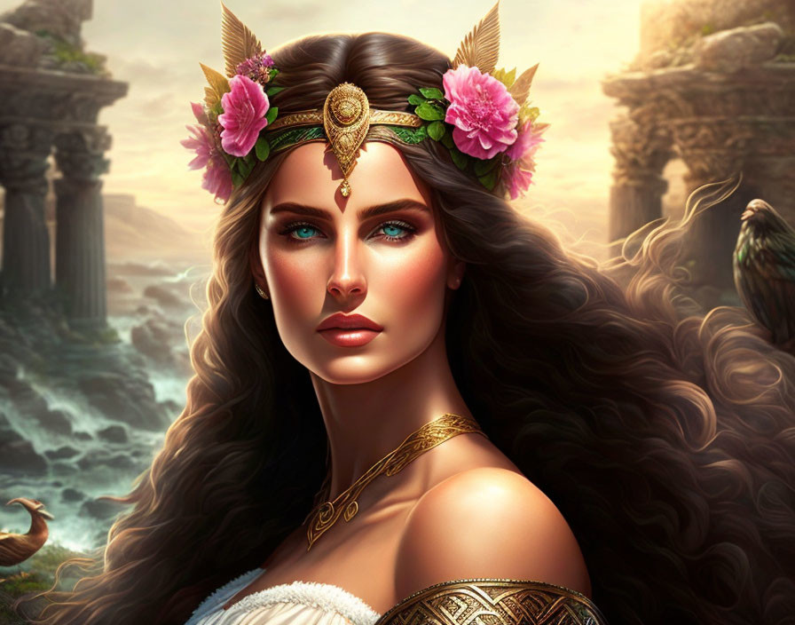 Dark-haired woman with flower crown and gold jewelry in ancient ruin and ocean scene.