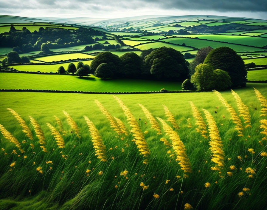 Scenic view of rolling green hills and patchwork fields under a cloudy sky