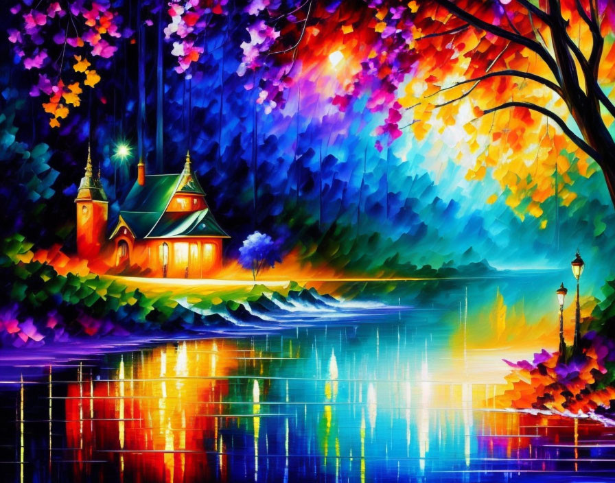 Vibrant painting of whimsical landscape with glowing house, trees, lamp post, and reflective water