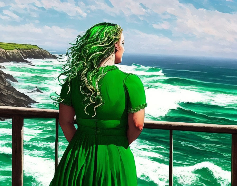 Woman in Green Dress on Balcony Overlooking Coastal Scene with Lush Cliffs