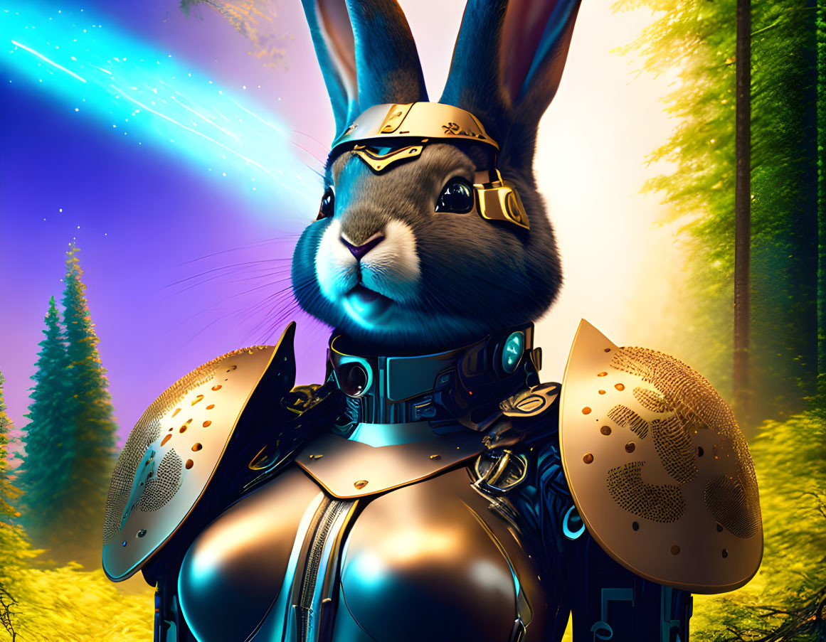 Futuristic armored rabbit in mystical forest setting